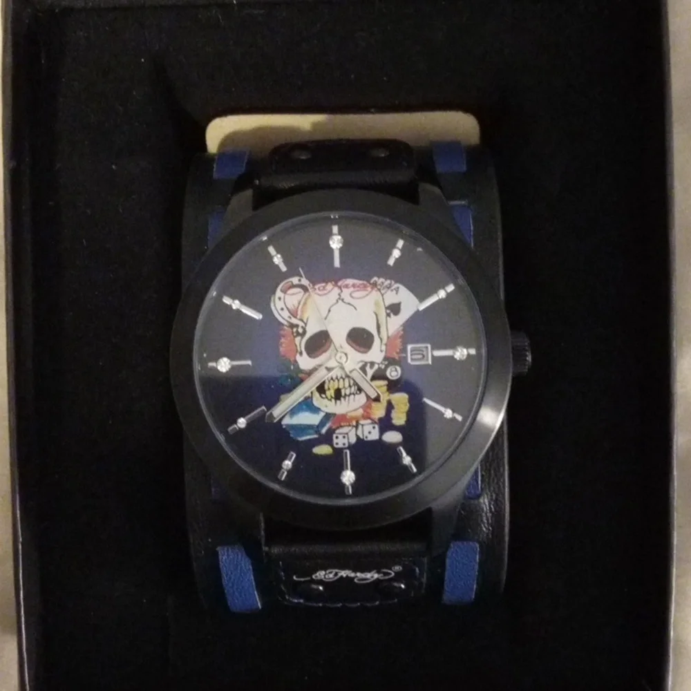 Vintage Y2K Ed Hardy Love Kills Slowly Skull Watch Black Leather Cuff Round Face